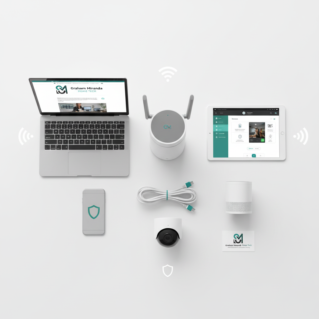 Home Network Equipment Setup | Graham Miranda Home Tech Wi-Fi Optimization Professional home network equipment including Wi-Fi router and smart devices arranged with Graham Miranda Home Tech branding - IT services in Braunschweig and Wolfenbüttel