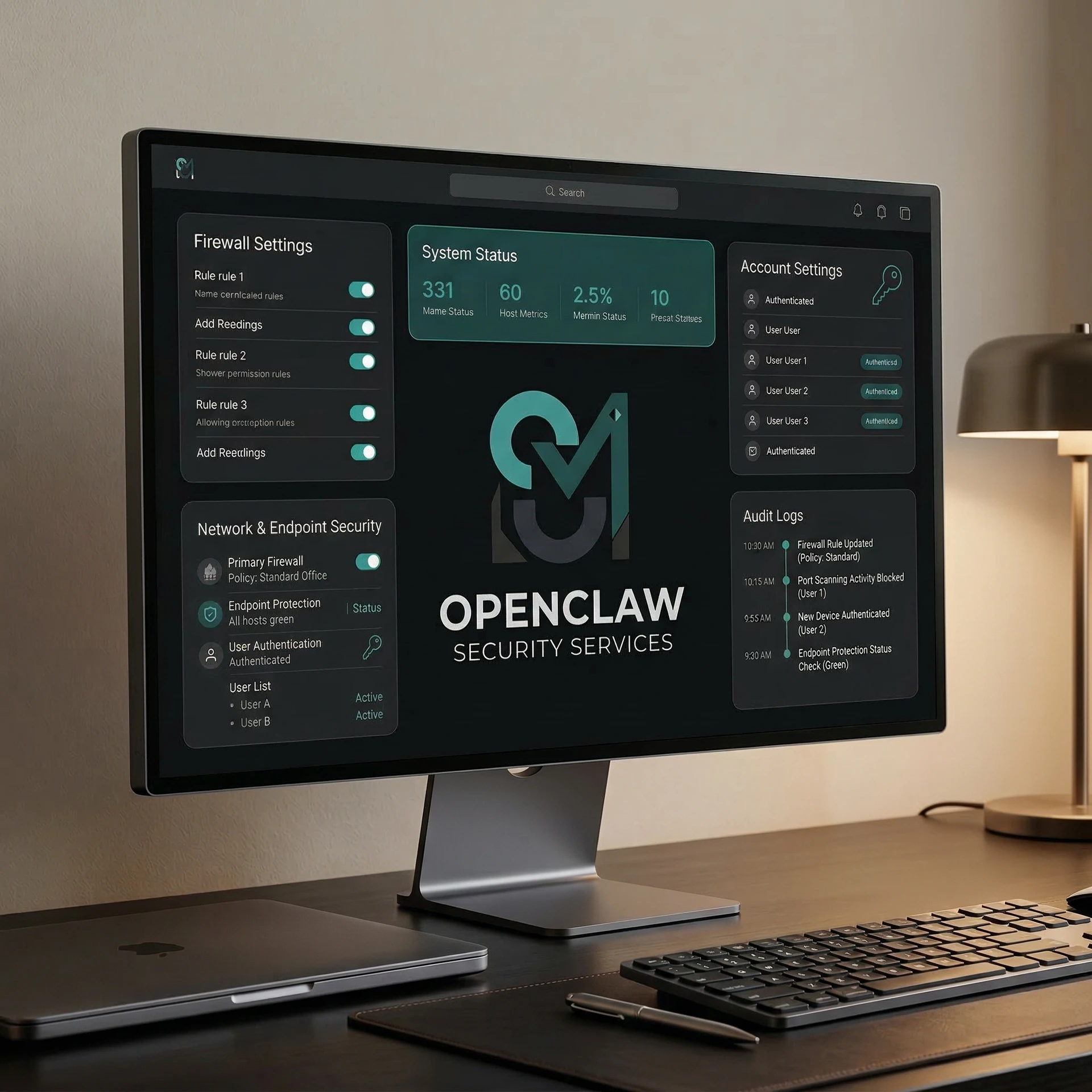 A luxury-grade cybersecurity and configuration visual for managed OpenClaw security services, close-up of a premium monitor displaying a clean elegant system dashboard with abstract security panels, access control, audit logs, firewall settings, and secure configuration indicators, beside a high-end laptop and subtle metallic hardware accents, minimal Apple-inspired interface design, warm neutral lighting, dark sophisticated desk environment, photorealistic, ultra-clean, calm authority, enterprise trust, refined UI, no clutter, no dramatic hacker clichés, polished glass and aluminum textures, high-end commercial photography, 8k, premium brand campaign style